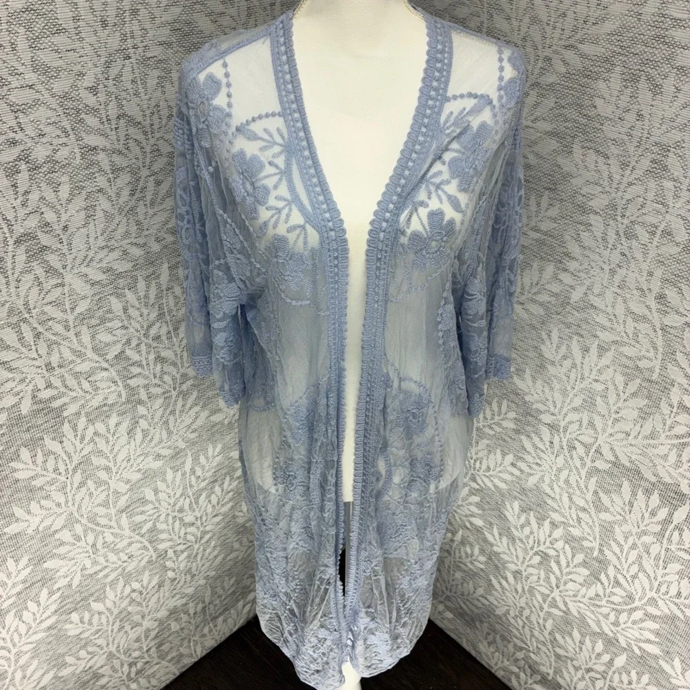 IndigoPoppy Kimono Duster Women S/M Blue Floral Lace Mesh Embroidered Boho Fairy